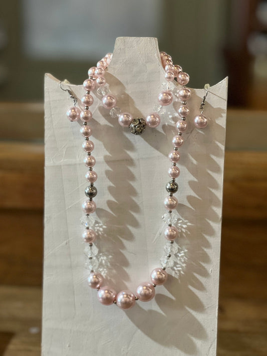 Pink & White Necklace, Bracelet, Earring Set