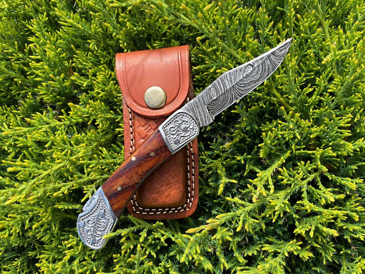POCKET KNIFE WALNUT WOOD 6.5'' DAMASCUS STEEL KNIFE STEEL BO - The Mustard Seed Collection, The Seed