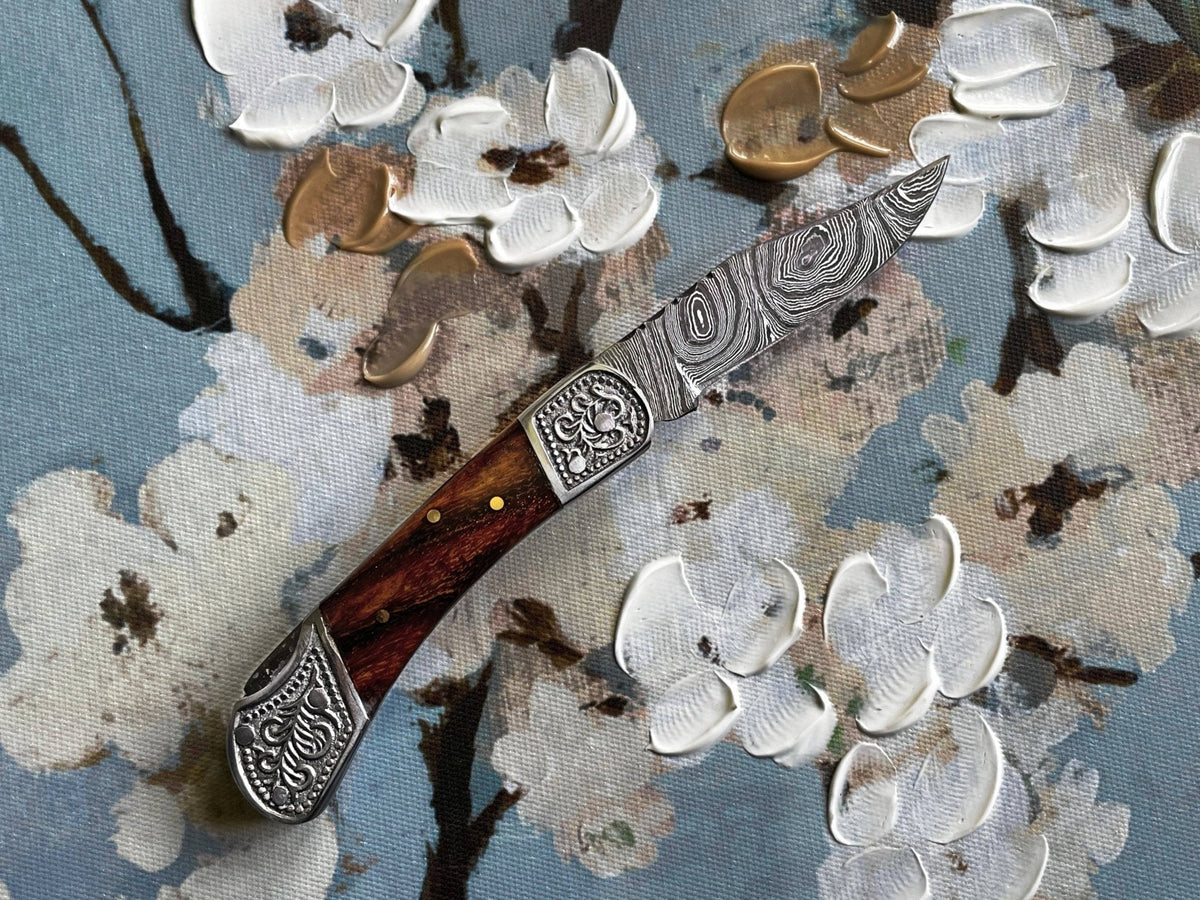 POCKET KNIFE WALNUT WOOD 6.5'' DAMASCUS STEEL KNIFE STEEL BO - The Mustard Seed Collection, The Seed