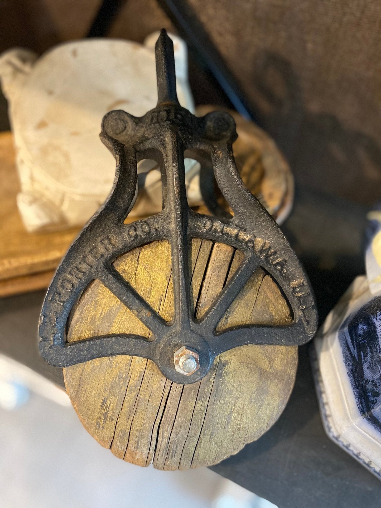 Primitive Antique Wood and Steel Pulley J E Porter Ottawa IL - The Mustard Seed Collection, The Seed