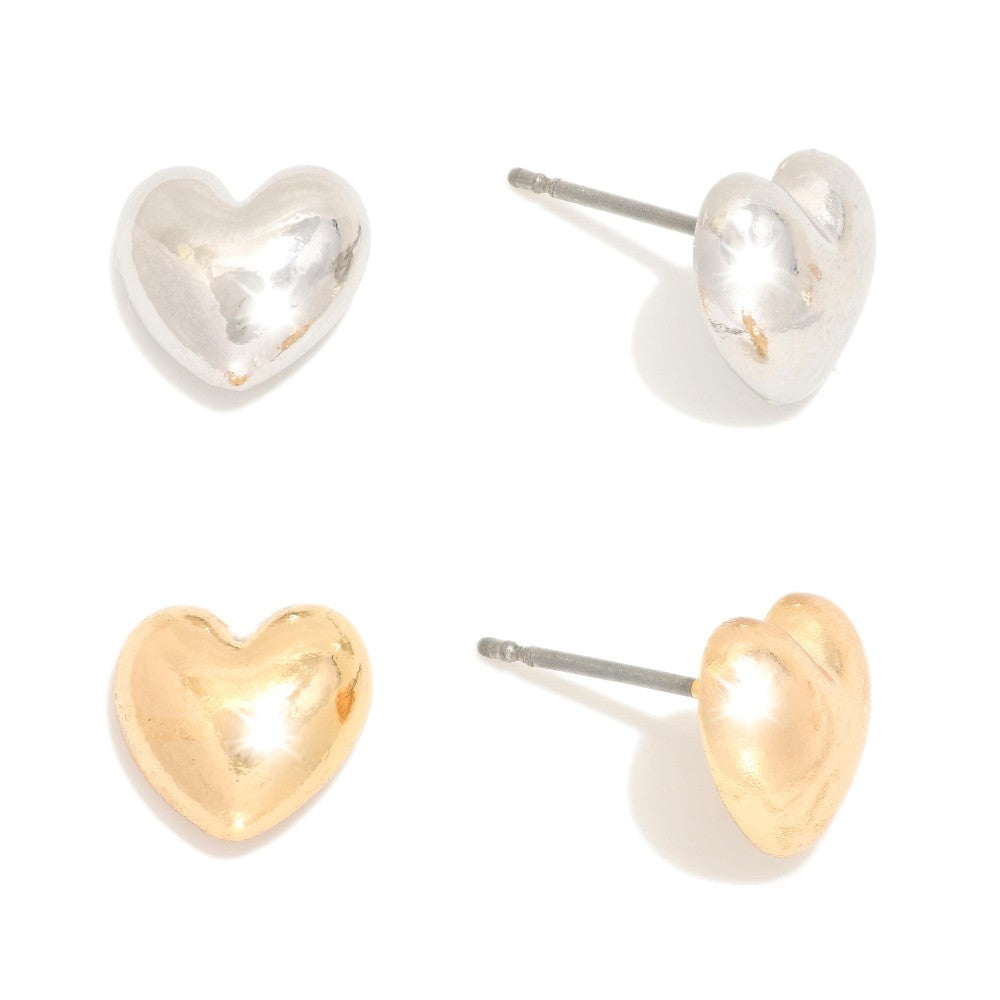 Metal Tone Puffy Heart Stud Earrings