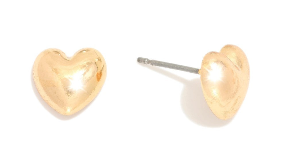 Metal Tone Puffy Heart Stud Earrings Gold