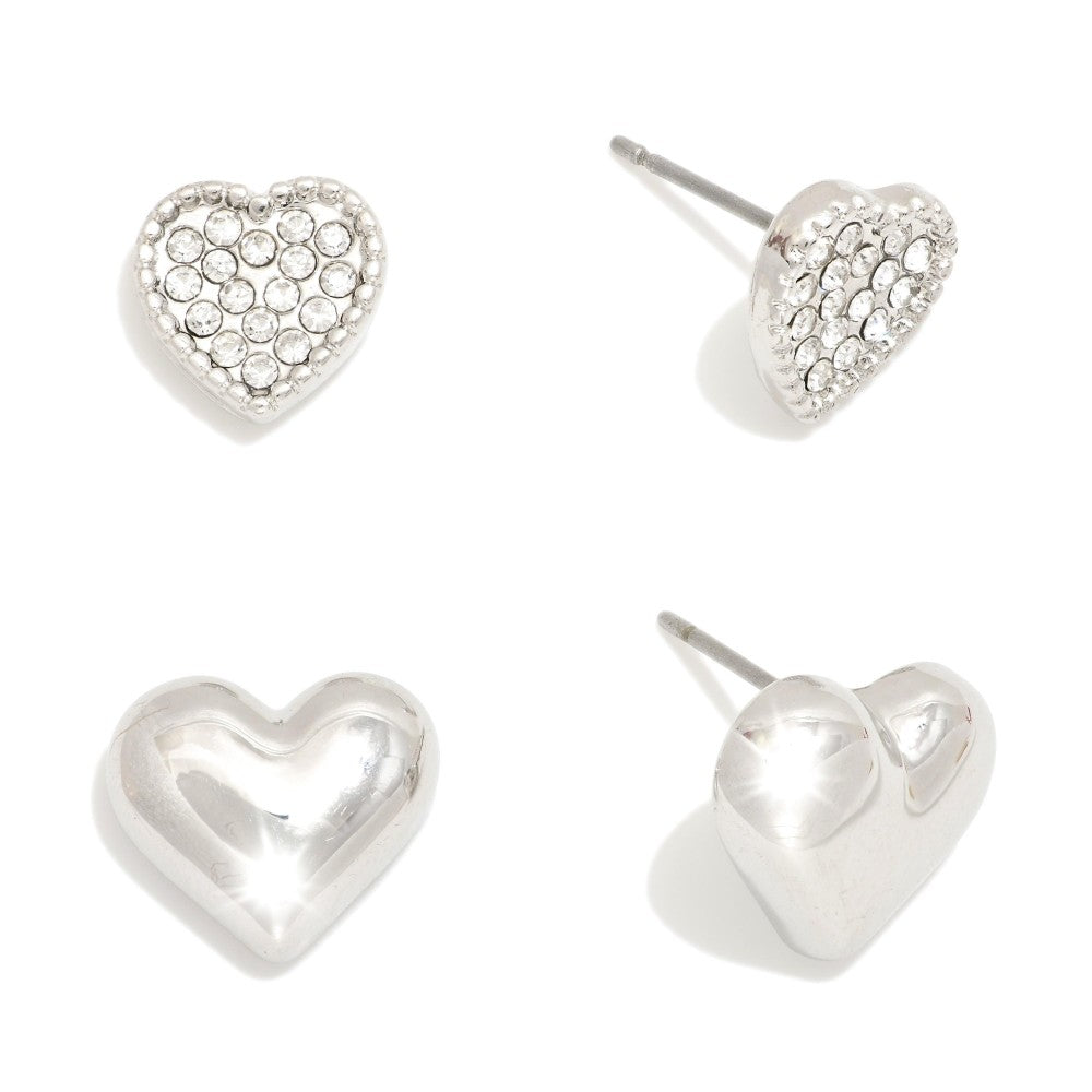 Metal Tone & Pave Rhinestone Heart Stud Earrings