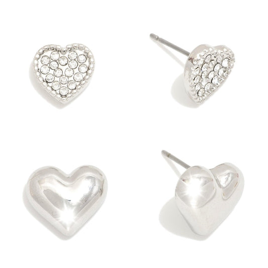 Metal Tone & Pave Rhinestone Heart Stud Earrings