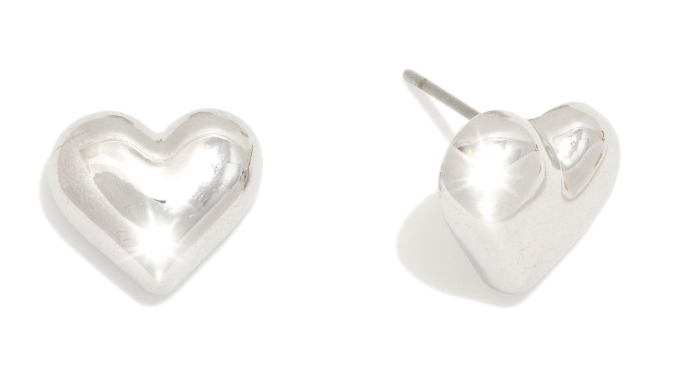 Metal Tone & Pave Rhinestone Heart Stud Earrings Puffy Heart