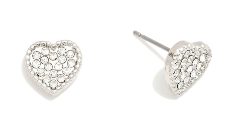 Metal Tone & Pave Rhinestone Heart Stud Earrings Rhinestone Heart