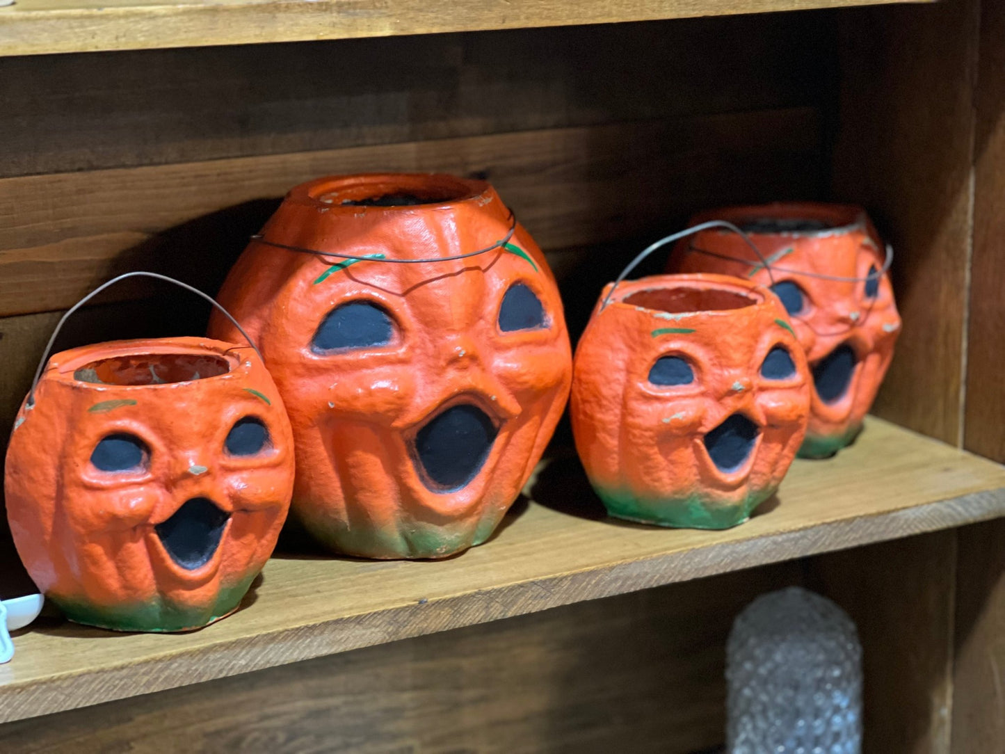 Rare Antique Paper Mâché Halloween Pumpkin Jack-O'-Lantern Bucket Set - Collection of 4 - The Mustard Seed Collection, The Seed