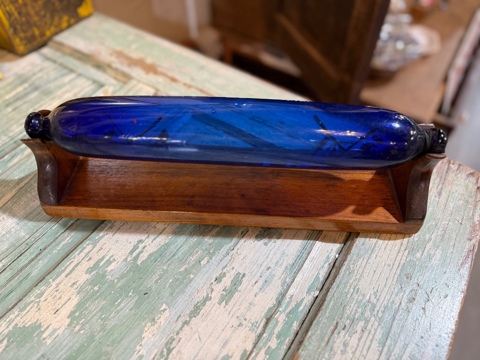 RARE Victorian Bristol Cobalt Blue Glass Rolling Pin Sailors Valentine w/ Custom Display Stand