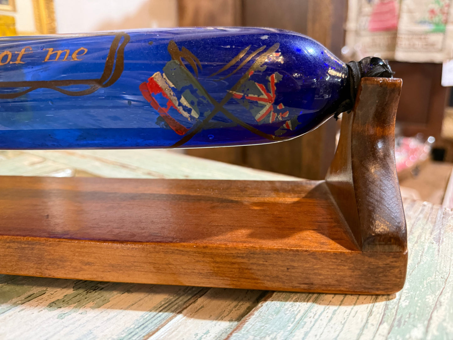 RARE Victorian Bristol Cobalt Blue Glass Rolling Pin Sailors Valentine w/ Custom Display Stand
