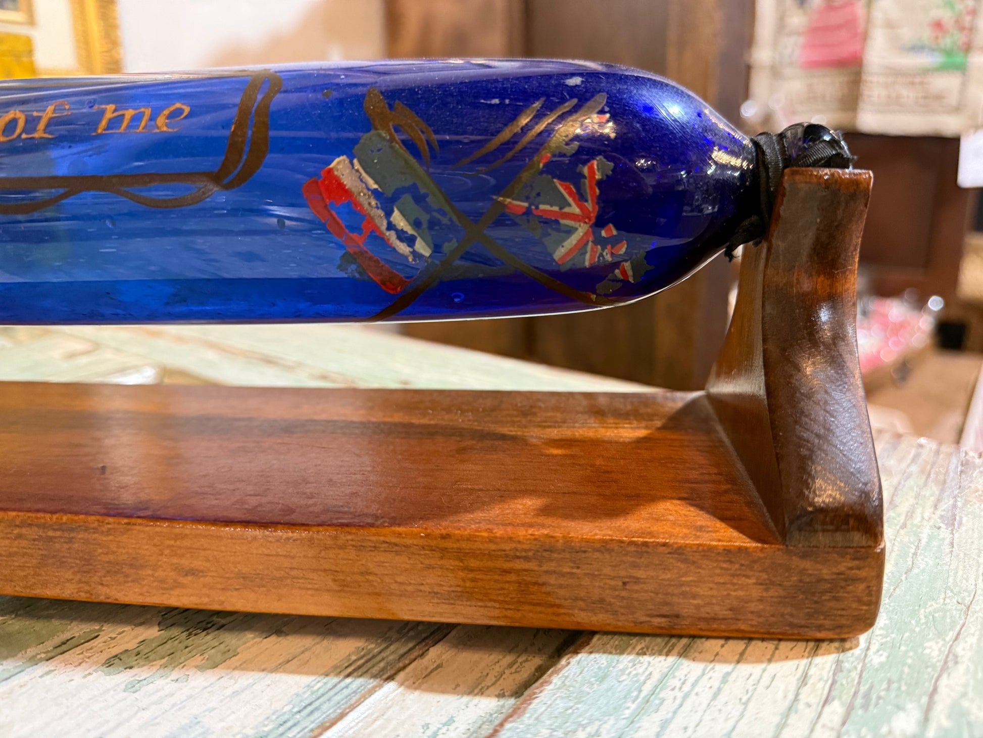 RARE Victorian Bristol Cobalt Blue Glass Rolling Pin Sailors Valentine w/ Custom Display Stand