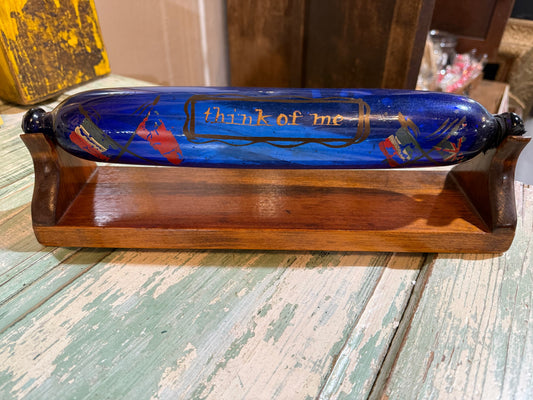 RARE Victorian Bristol Cobalt Blue Glass Rolling Pin Sailors Valentine w/ Custom Display Stand