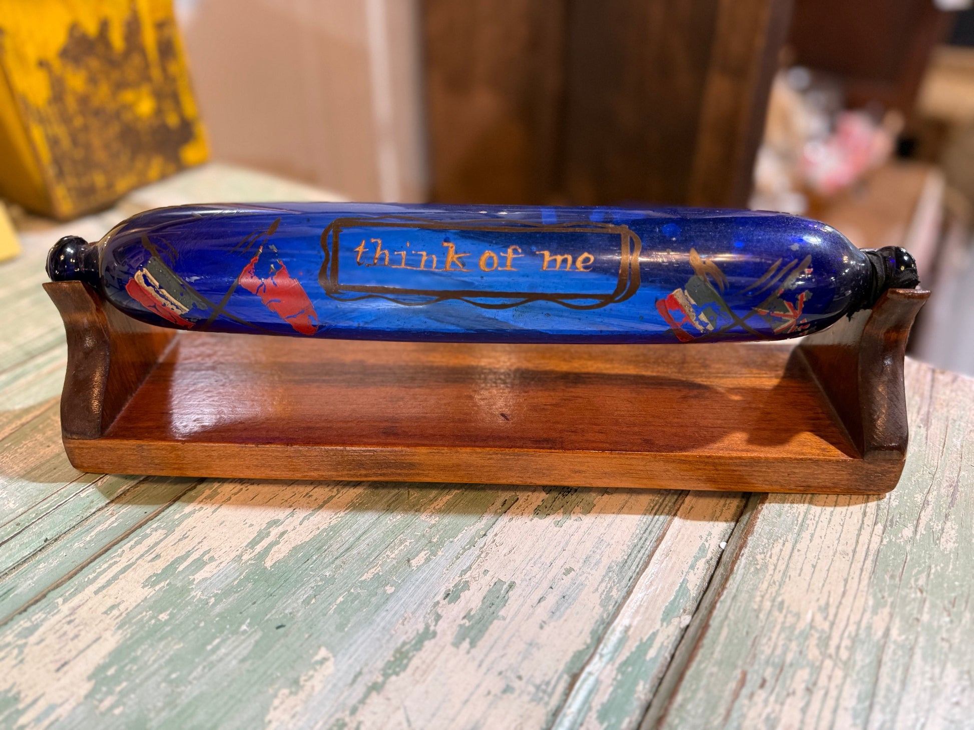 RARE Victorian Bristol Cobalt Blue Glass Rolling Pin Sailors Valentine w/ Custom Display Stand