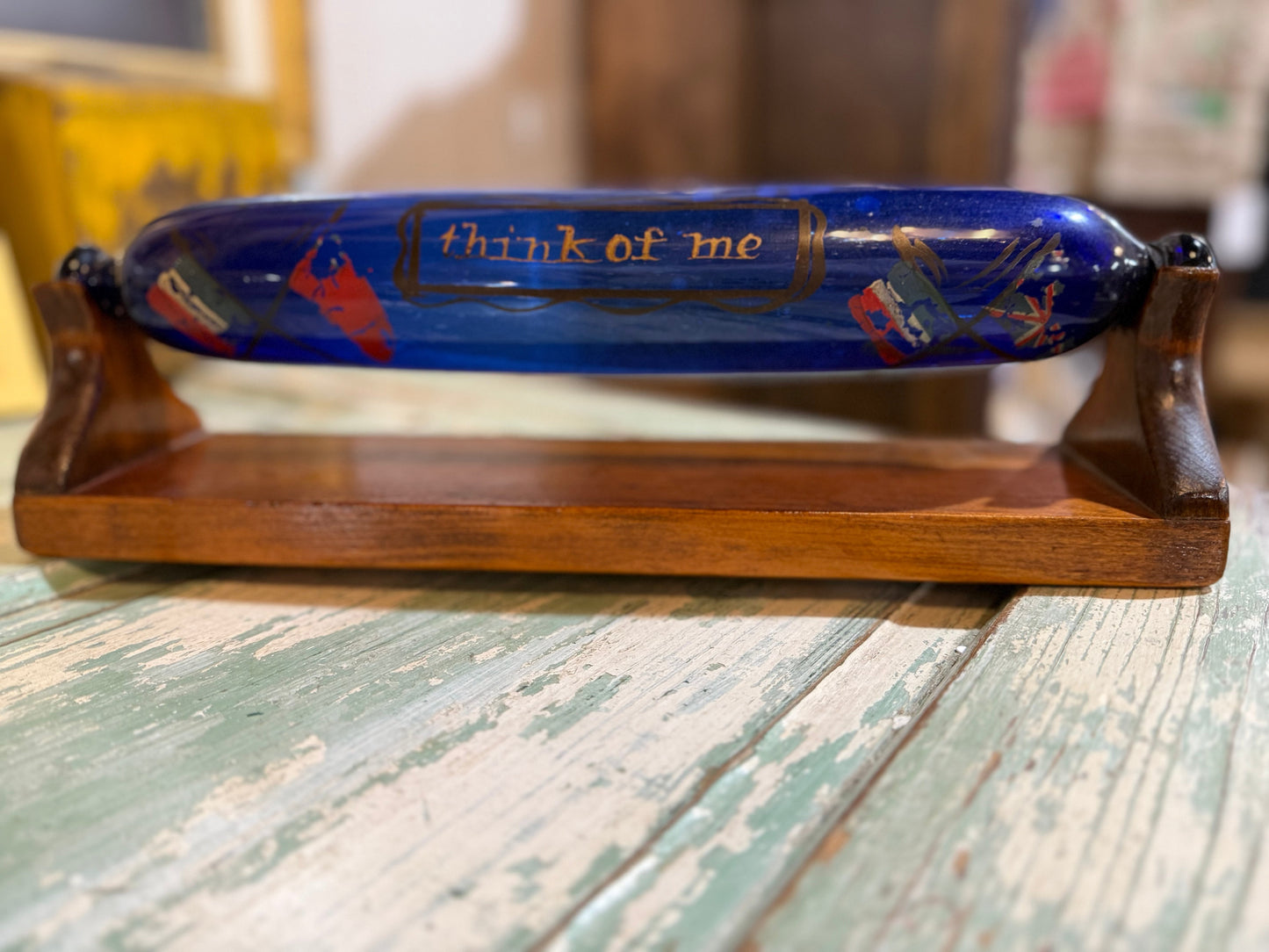 RARE Victorian Bristol Cobalt Blue Glass Rolling Pin Sailors Valentine w/ Custom Display Stand
