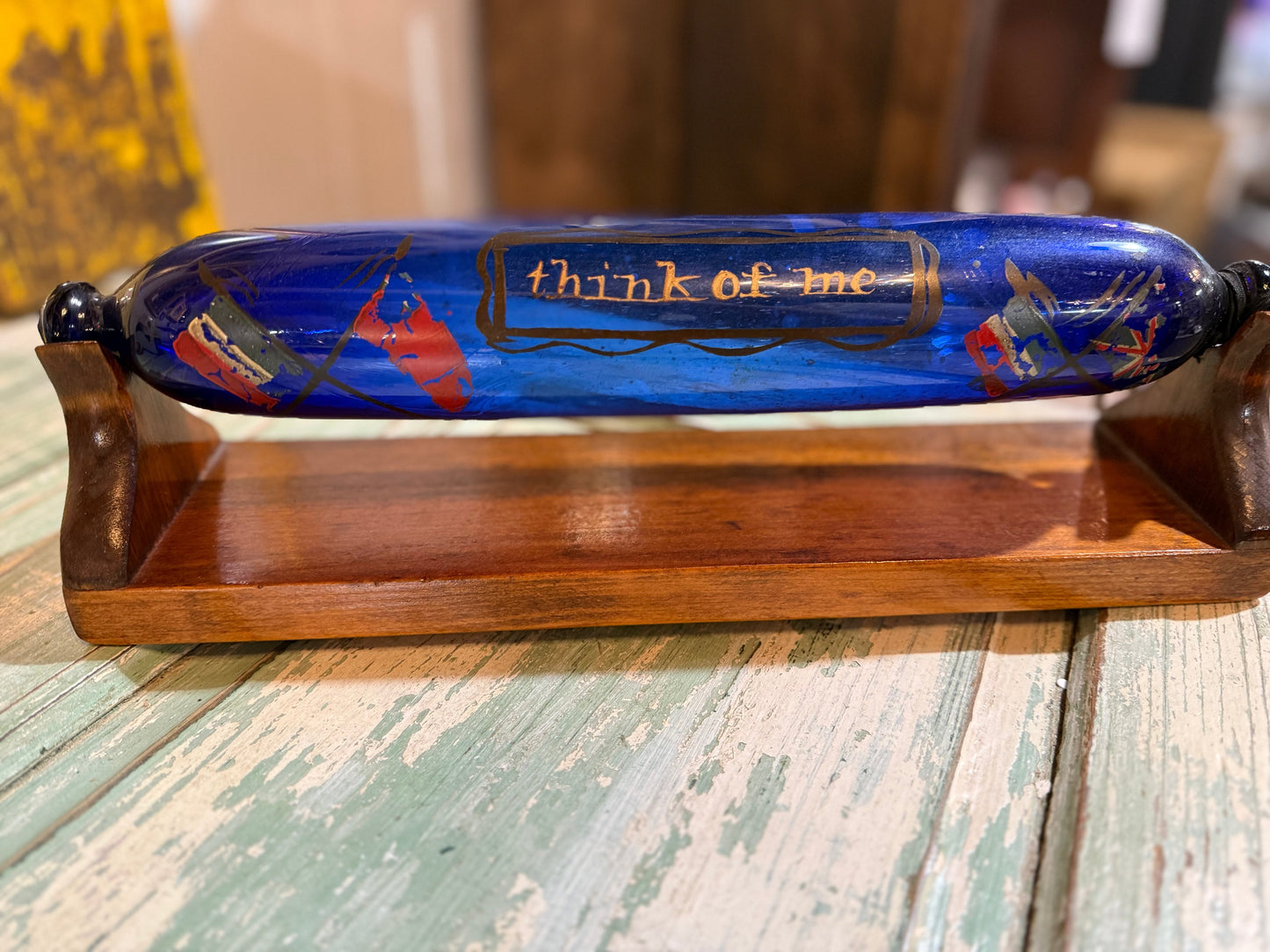 RARE Victorian Bristol Cobalt Blue Glass Rolling Pin Sailors Valentine w/ Custom Display Stand