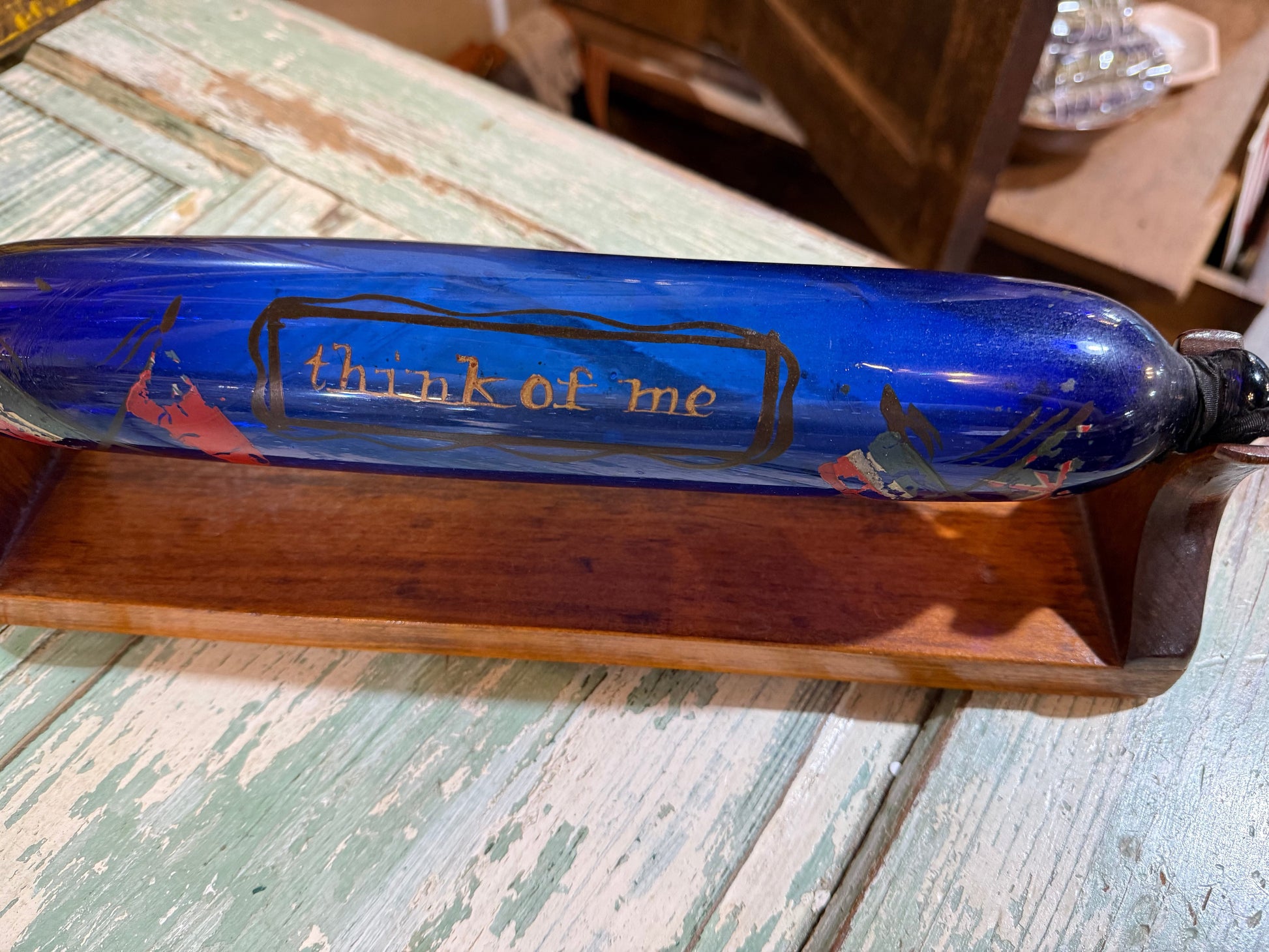 RARE Victorian Bristol Cobalt Blue Glass Rolling Pin Sailors Valentine w/ Custom Display Stand