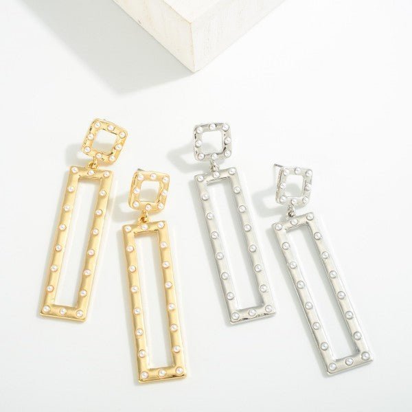 Rectangular Metal Drop Earrings With Pearl Stud Details - The Mustard Seed Collection, The Seed