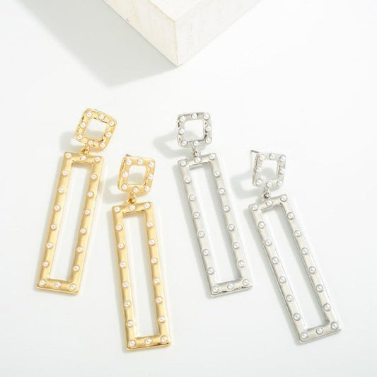 Rectangular Metal Drop Earrings With Pearl Stud Details - The Mustard Seed Collection, The Seed