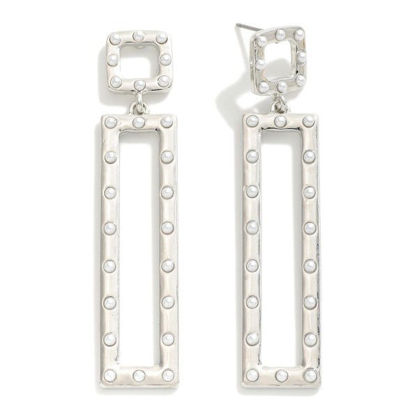 Rectangular Metal Drop Earrings With Pearl Stud Details - The Mustard Seed Collection, The Seed