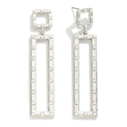 Rectangular Metal Drop Earrings With Pearl Stud Details - The Mustard Seed Collection, The Seed