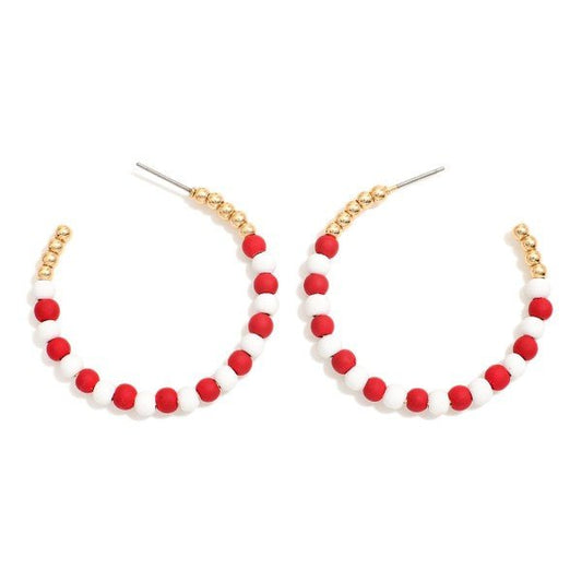 Red and White Candy Cane Beaded Hoop Earrings Featuring Matte & Gold Beads Default Title
