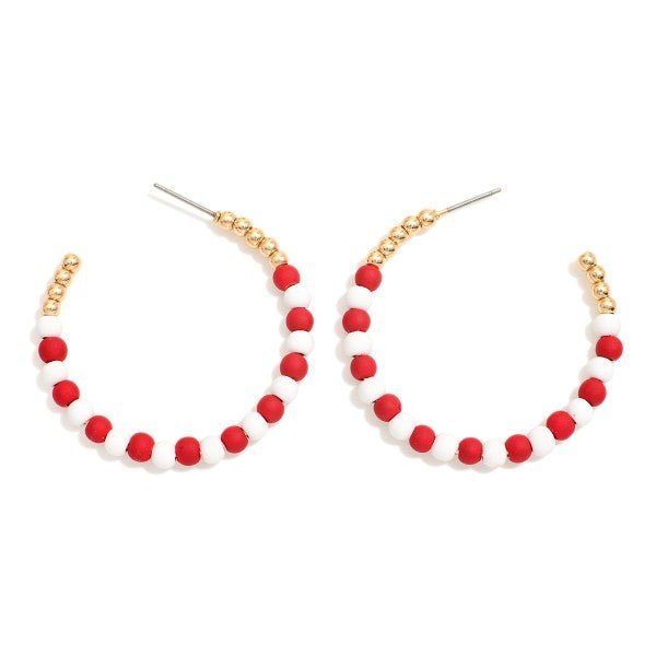 Red and White Candy Cane Beaded Hoop Earrings Featuring Matte & Gold Beads - The Mustard Seed Collection, The Seed