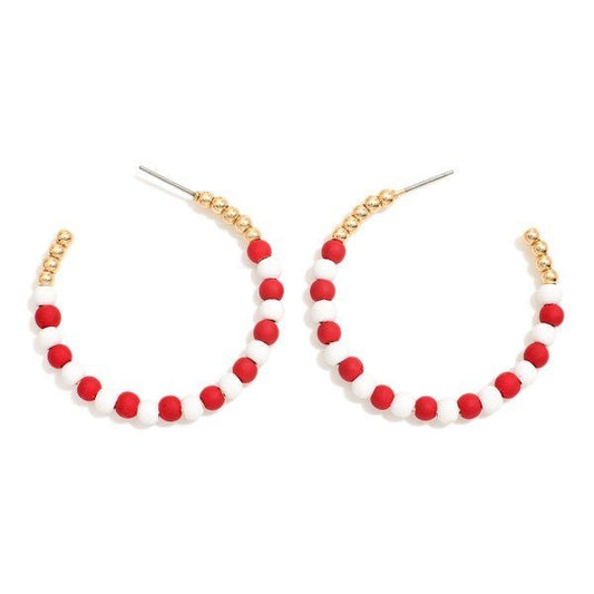 Red and White Candy Cane Beaded Hoop Earrings Featuring Matte & Gold Beads - The Mustard Seed Collection, The Seed