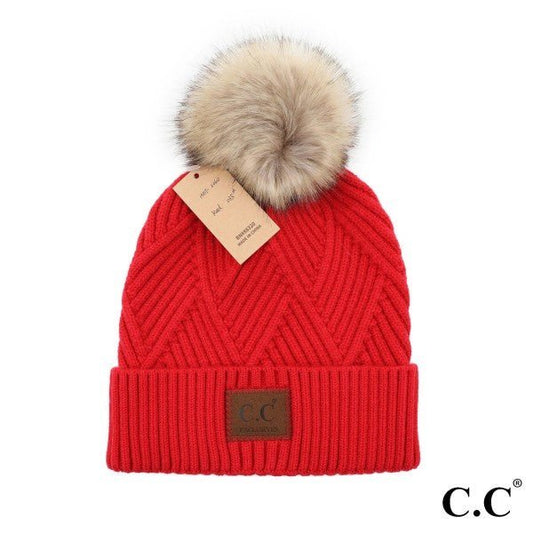 Red CC Diagonal Stripe Knit Pattern Pom Beanie with C.C Brand Leather Patch - The Mustard Seed Collection, The Seed