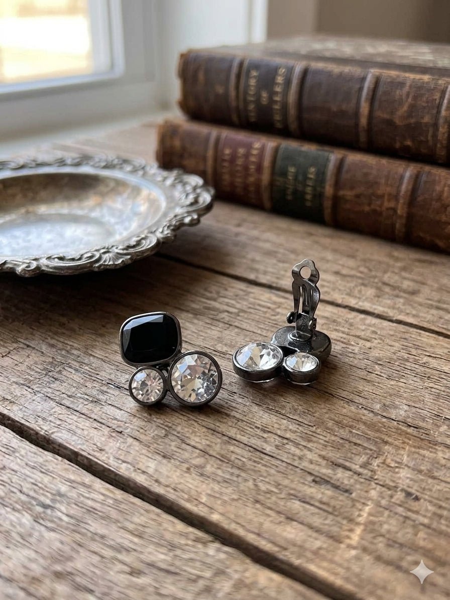 Retro Midnight Black & Clear Crystal Cluster Clip-On Earrings – 0.75" x 1" Statement EarringsEarrings