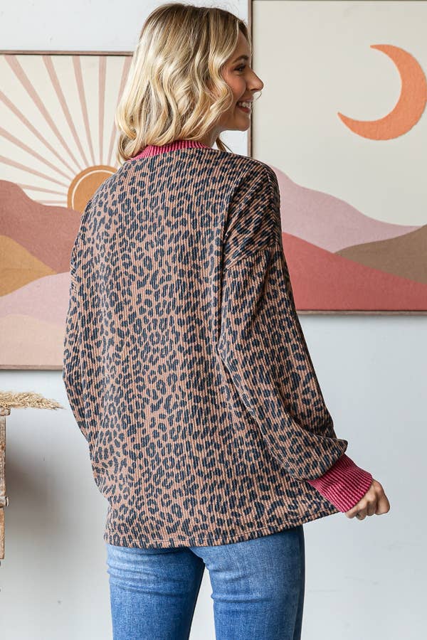Rib Animal Print Drop Shoulder V Seam Long Sleeve Top T5817: Brown/Burgundy / L