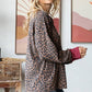 Rib Animal Print Drop Shoulder V Seam Long Sleeve Top T5817: Brown/Burgundy / L