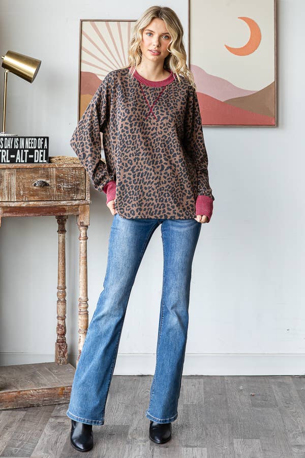 Rib Animal Print Drop Shoulder V Seam Long Sleeve Top T5817: Brown/Burgundy / L