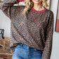 Rib Animal Print Drop Shoulder V Seam Long Sleeve Top T5817: Brown/Burgundy / L