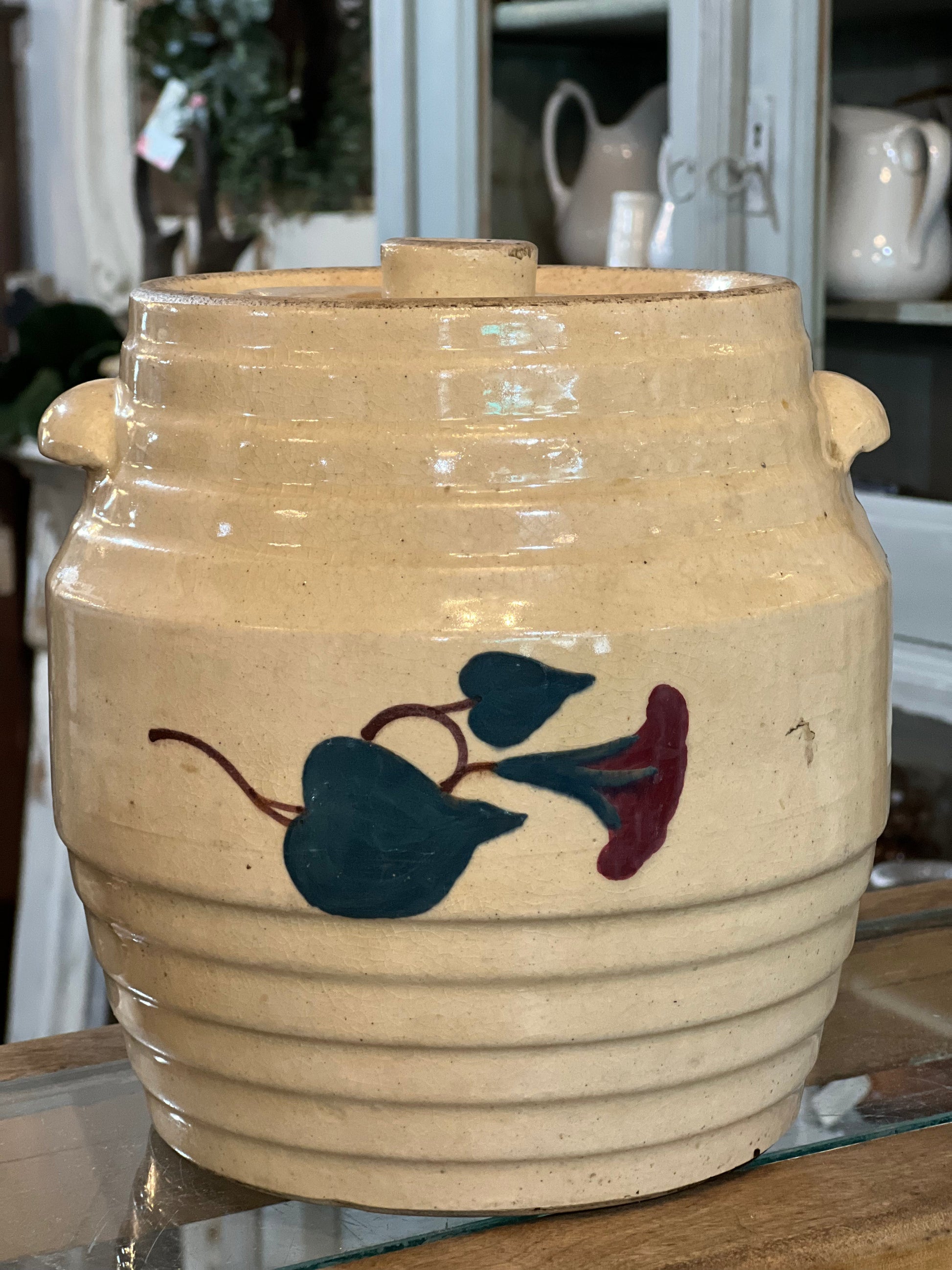 Robinson Ransbottom Morning Glory Spaulding's Cookies Advertising Jar Crock