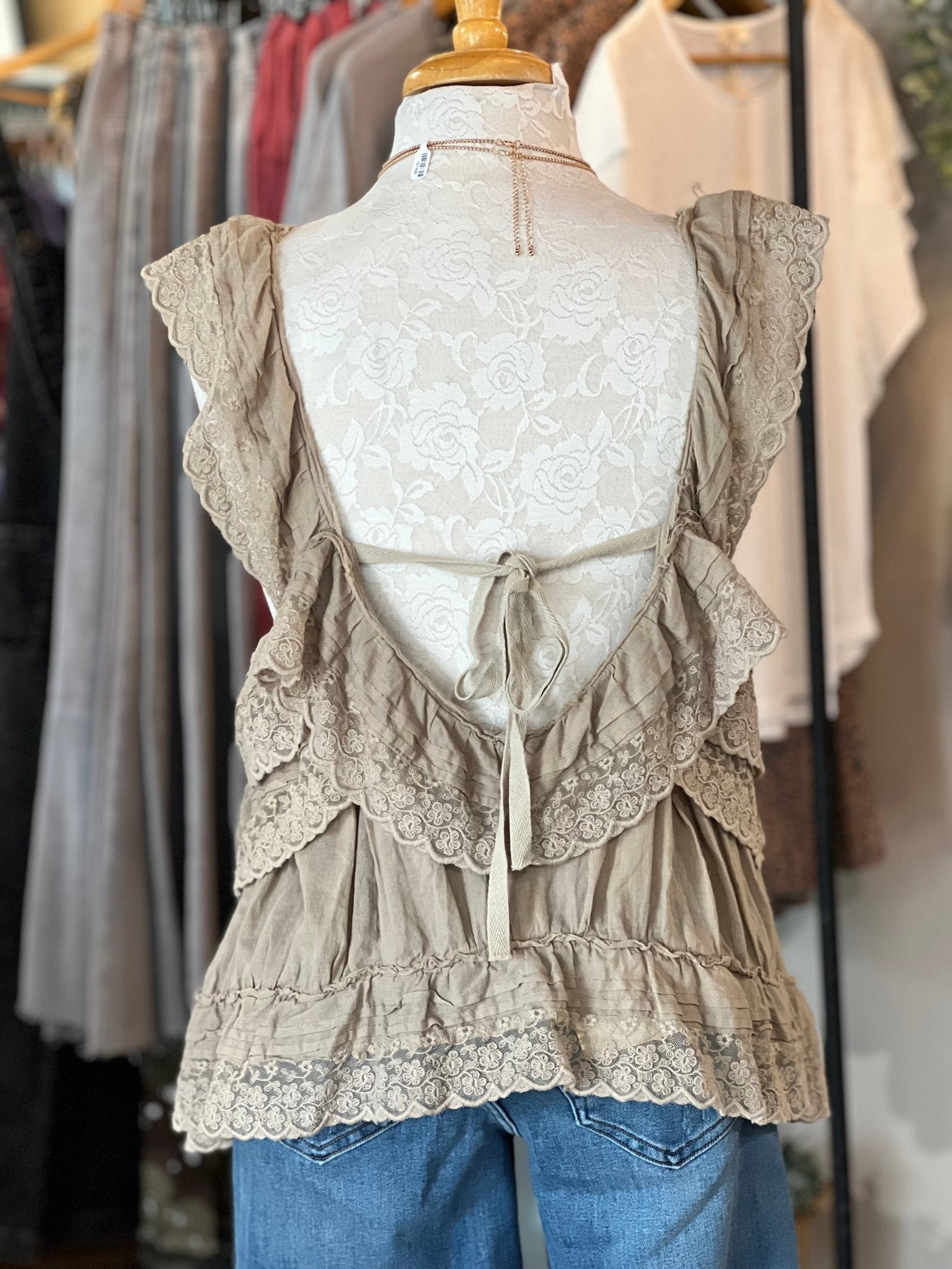 Ruffled Tiered BabyDoll Blouse Taupe/Mushroom Color - The Mustard Seed Collection, The Seed
