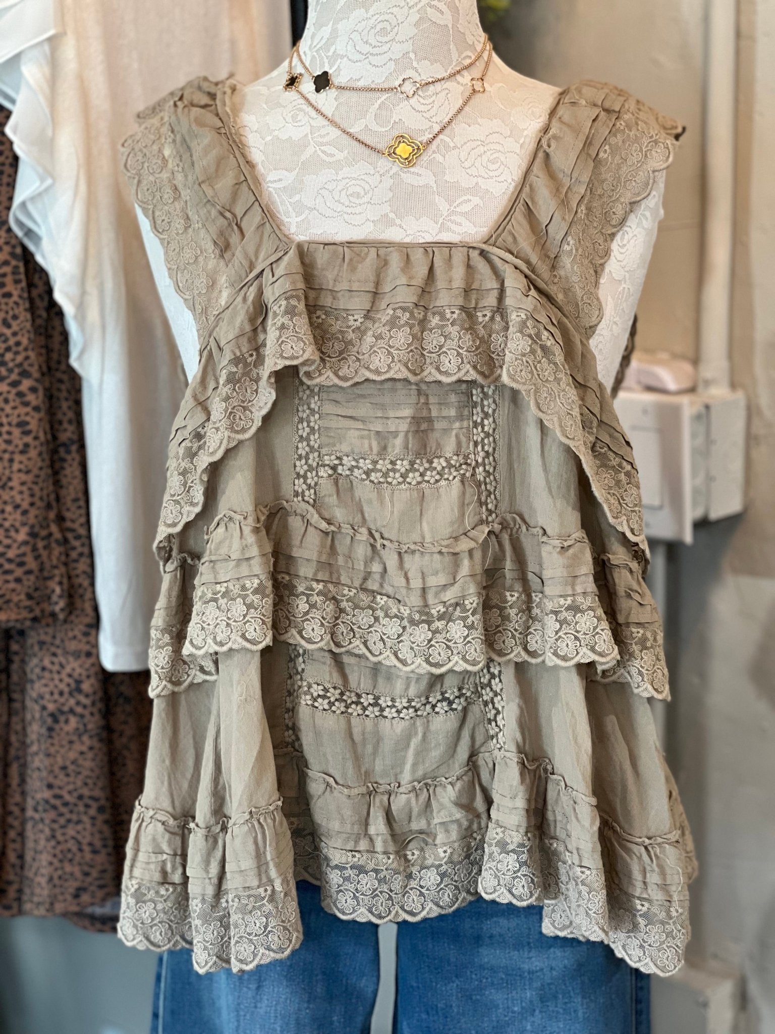 Ruffled Tiered BabyDoll Blouse Taupe/Mushroom Color - The Mustard Seed Collection, The Seed