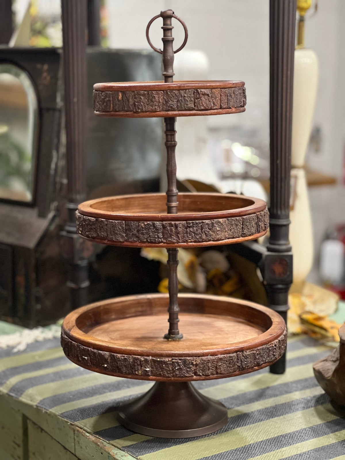 Rustic 3-Tier Wooden Serving Tray with Live-Edge Bark Trim (24" x 12")home decor
