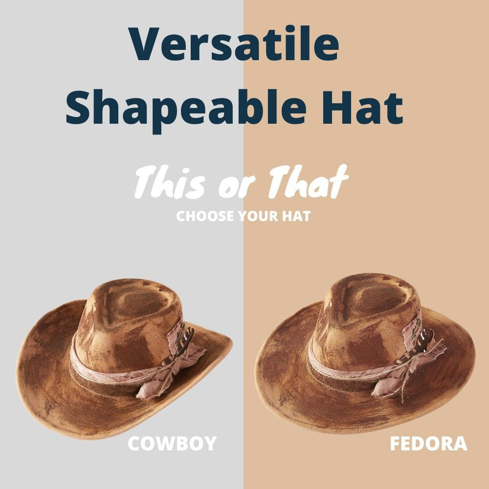 Rustic Cowgirl Fedora Hat With Feather & Distressed Fabric Band