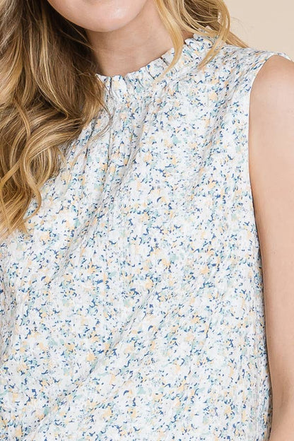 Sage Floral Print Sleeveless Ruffle Mock Neck Top - The Mustard Seed Collection, The Seed