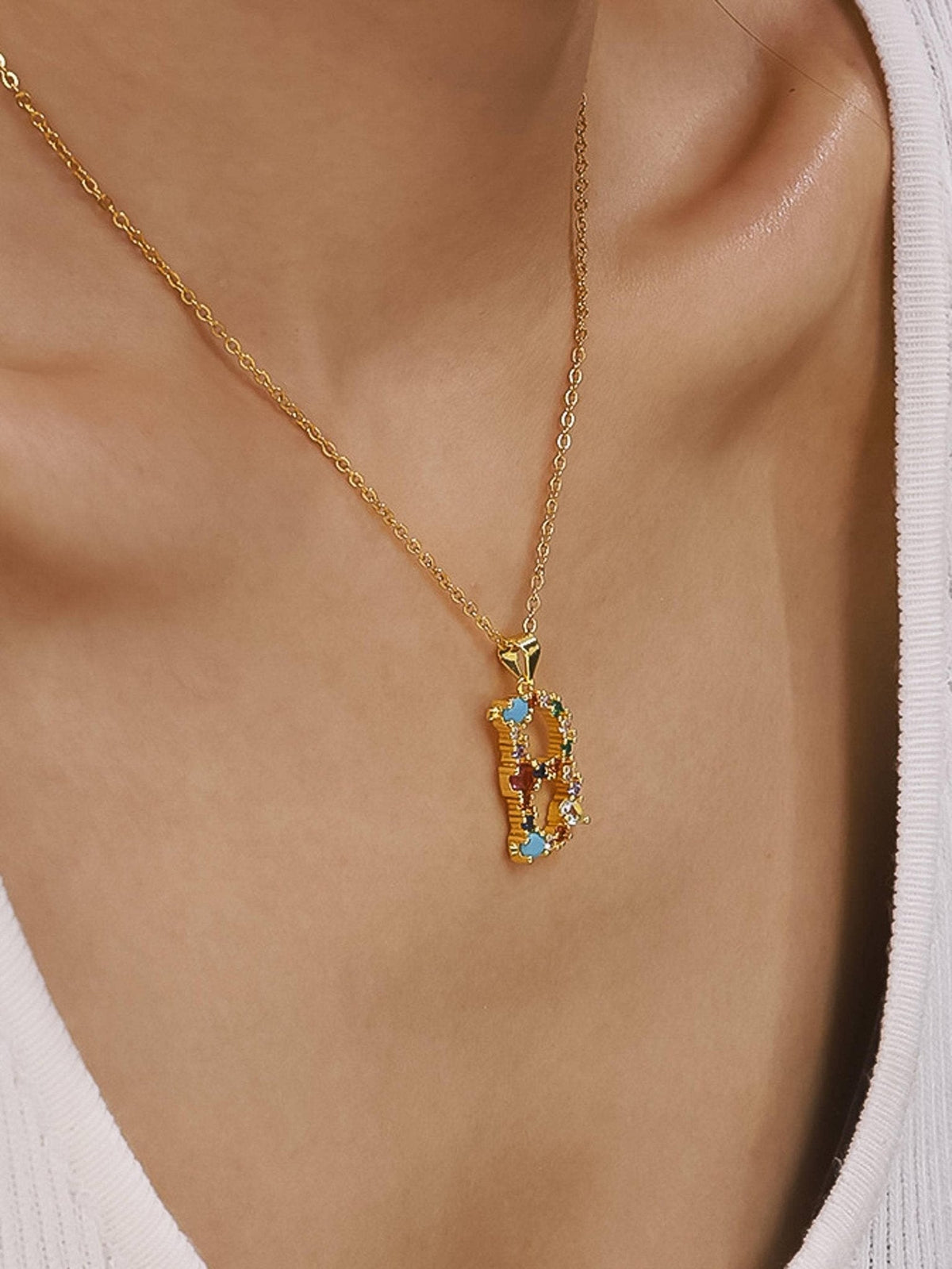 Salomé 18K Gold Non-Tarnish Colorful CZ Initial Necklace: Multi-Colored / M - The Mustard Seed Collection, The Seed