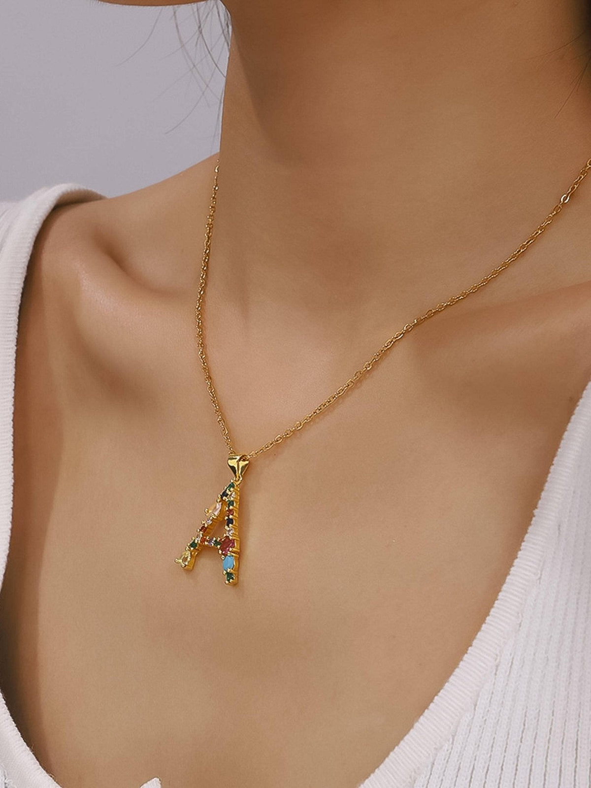 Salomé 18K Gold Non-Tarnish Colorful CZ Initial Necklace: Multi-Colored / M - The Mustard Seed Collection, The Seed
