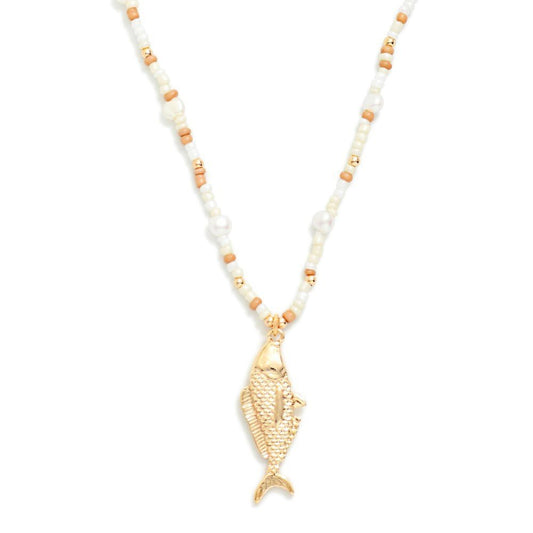Seed Bead Beaded & Pearl Necklace Featuring Metal Tone Fish Pendant 