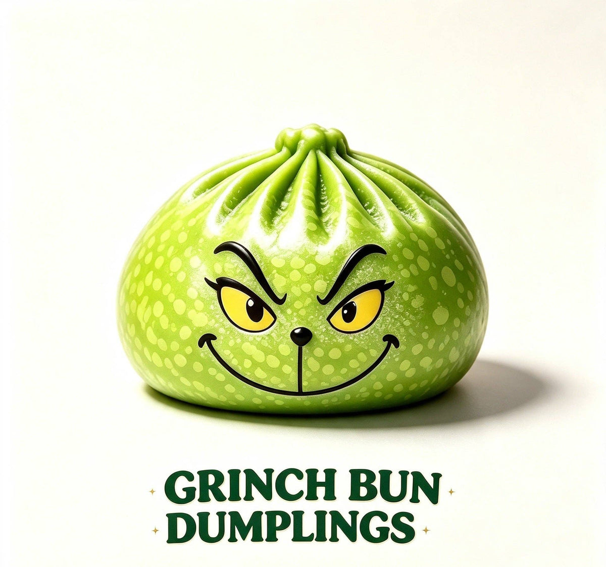 A green Grinch-shaped dumpling with a printed Grinch face, shown on a white background with the text 'GRINCH BUN DUMLINGS' below.