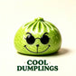 A green dumpling-shaped product with a smiling face and black glasses, centered on a light cream background with the text 'COOL DUMPLINGS' below.