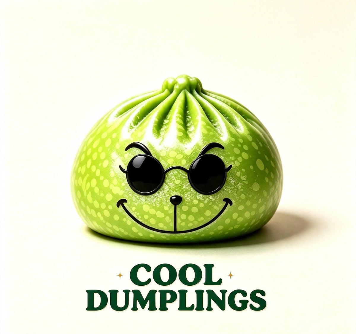 A green dumpling-shaped product with a smiling face and black glasses, centered on a light cream background with the text 'COOL DUMPLINGS' below.