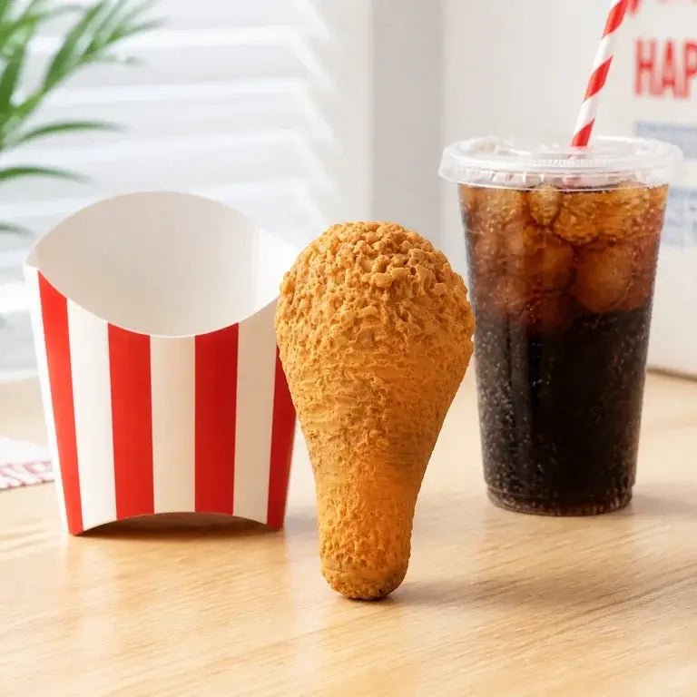 A golden-brown fried chicken drumstick stands upright on a light wood table next to a red and white striped paper fry container and a clear cup of iced cola with a red-and-white striped straw.