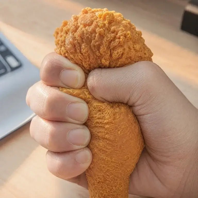 A hand squeezing a novelty toy shaped like a fried chicken leg drumstick, shown in a close-up with a blurred desk background and part of a laptop visible.