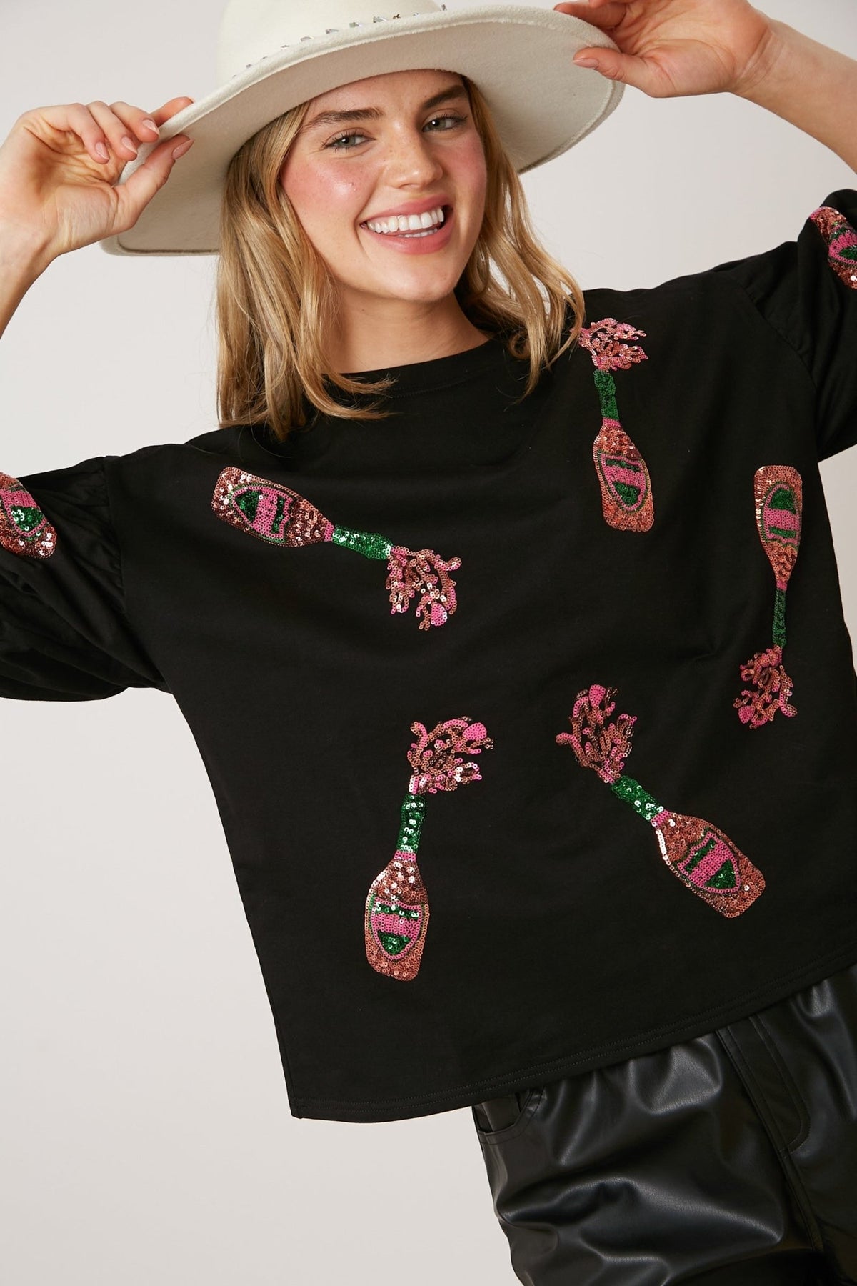 Sequin Champagne Bottle Puff Sleeve Top - The Mustard Seed Collection, The Seed