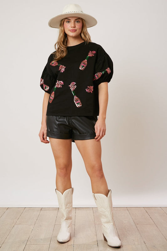 Sequin Champagne Bottle Puff Sleeve Top - The Mustard Seed Collection, The Seed