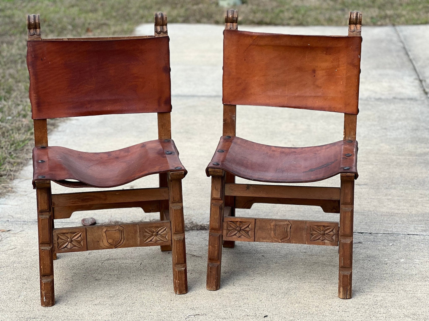 Set of 2 Spanish-Style Leather & Wood Chairs - The Mustard Seed Collection, The Seed