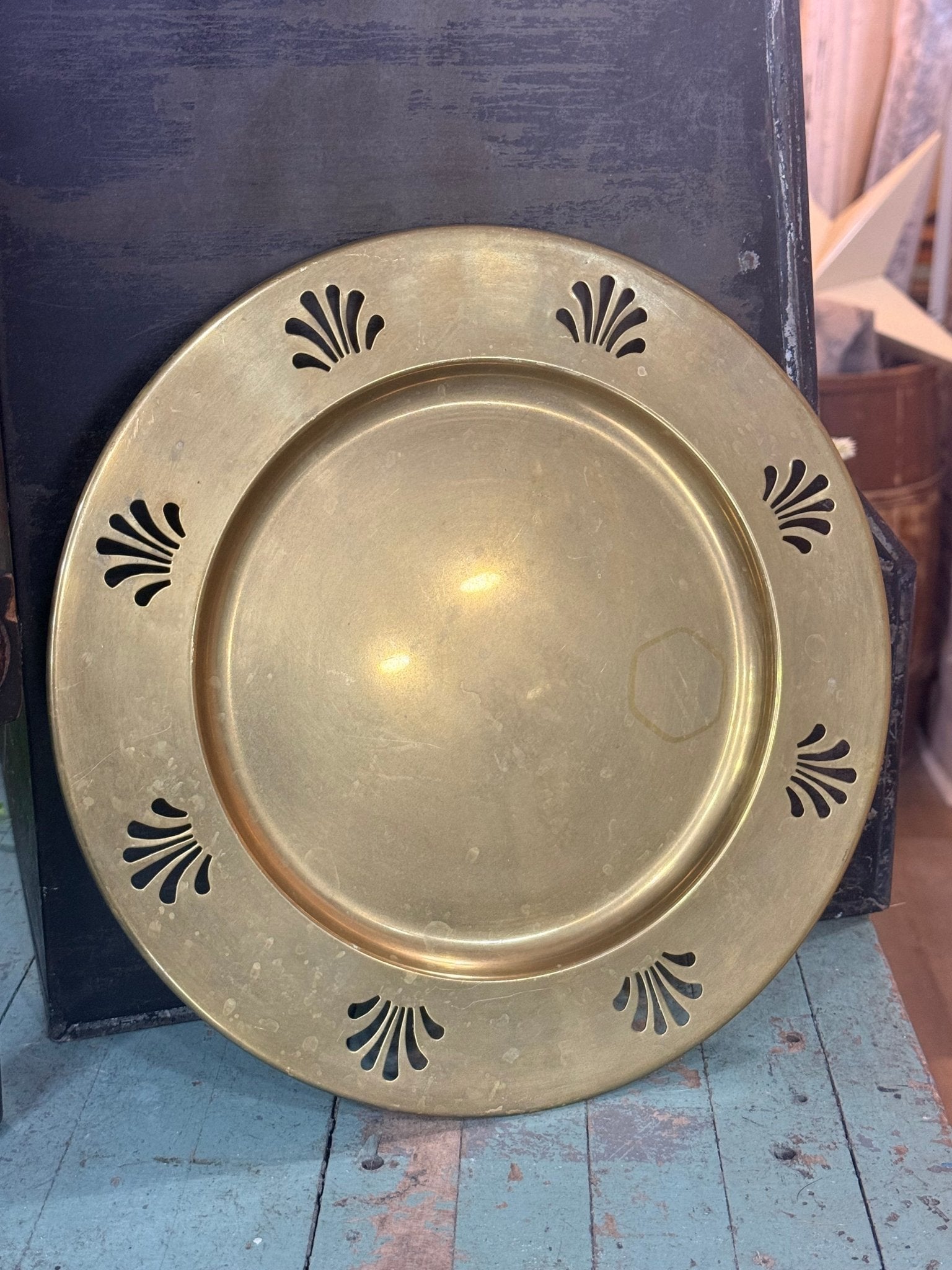 Set of 4 Vintage Brass Charger Plates with Palmette Cutouts 